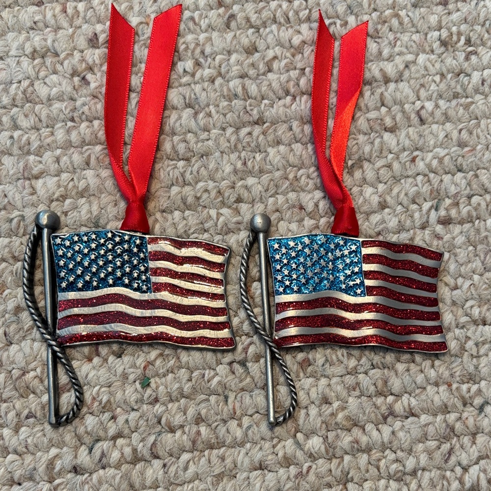 Patriotic American Flag Holiday Ornaments - Red, Blue, Silver